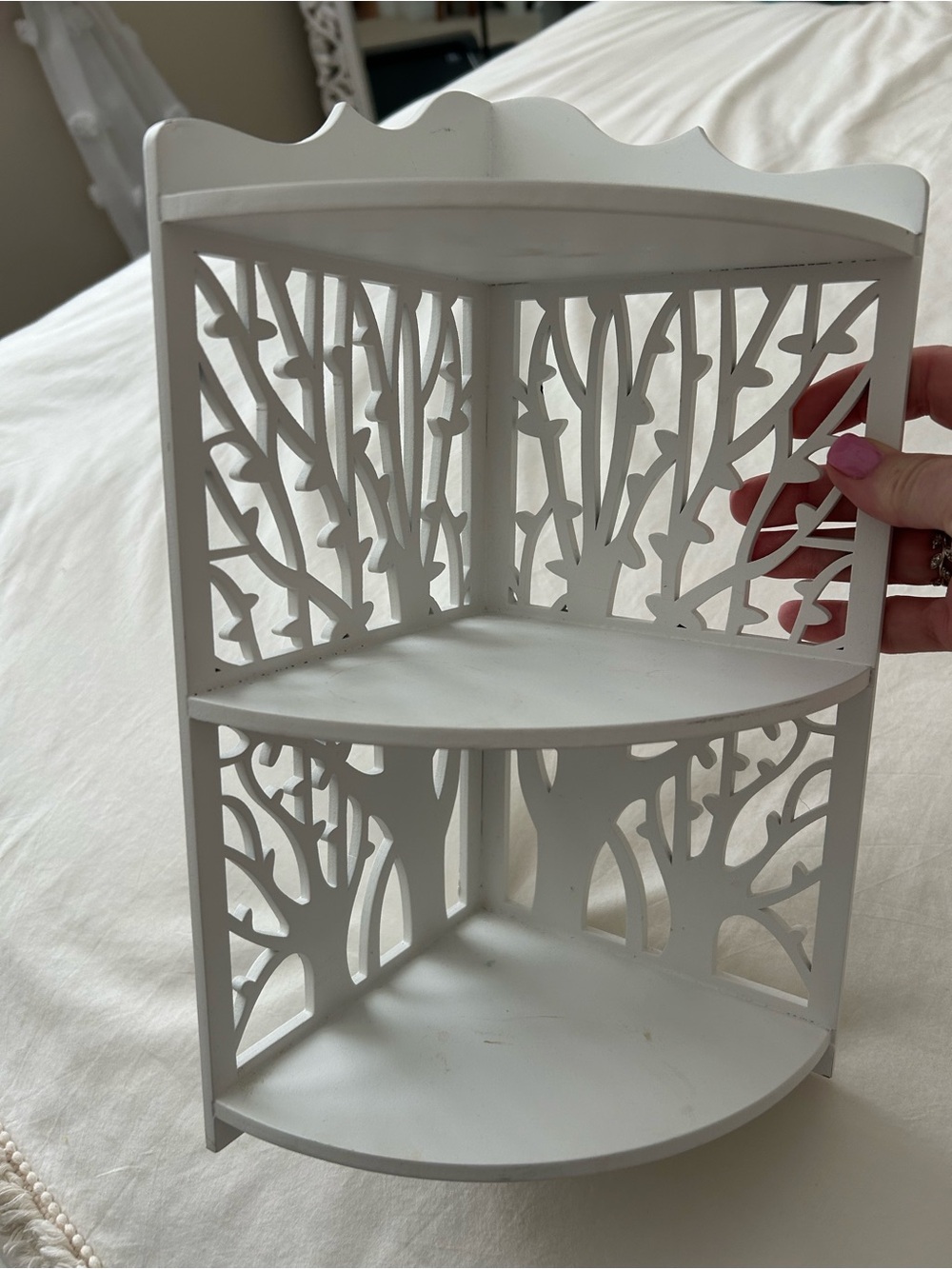 White Decorative Corner Shelf with Tree Cutout Design